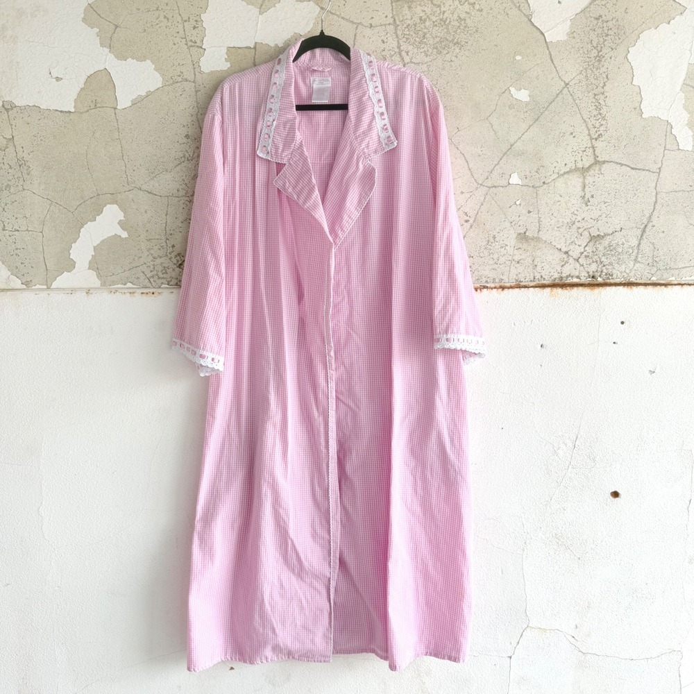 Gingham Housecoat Robe Eyelet Lace Trim Pink Checkered Cottagecore Sleepwear 2X